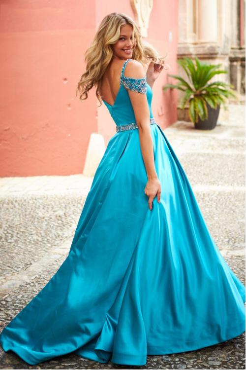 Chic Crystal Beaded Straps Long A-line Pool Blue Prom Dress