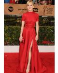 Anna Faris SAG Stuart Weitzman Short Sleeve A-line Split Long Red Satin Prom Dress 