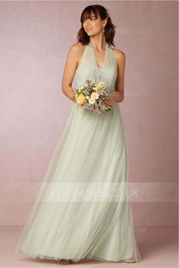 Hot Sale Halter V Neck A-line Long Sage Tulle Bridesmaid Dress 