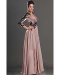 Balck Lace Appliqued V Neck Empire Pleated Long Column Chiffon Prom Dress with 3/4 Sleeves 
