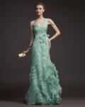 Charming Sheath/Column One Shoulder Cascading Ruffles Lace Sequins Floor-length Satin Organza Prom Dresses 