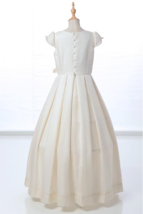  A-line Jewel Neck Short Sleeve Bow(s) Pearl Detailing Floor-length Long Communion Dresses