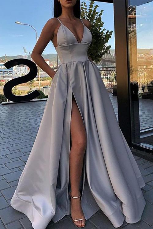  A-line V-neck Sleeveless Split Floor-length Long Satin Prom Dress