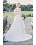 Lace Long Sleeve Scalloped Ball Gown Tulle overlay Satin Wedding Dress 