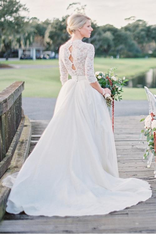 Lace Long Sleeve Scalloped Ball Gown Tulle overlay Satin Wedding Dress 