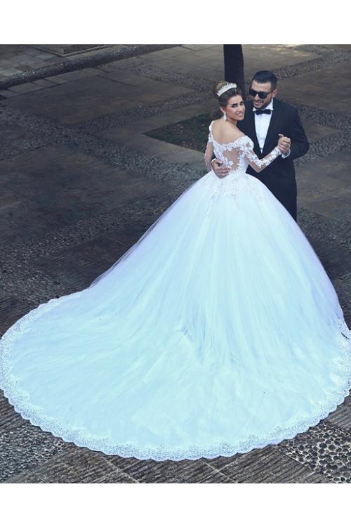 Modest Arabic Ball Gown Long Sleeve Lace overlat Tulle Wedding Dress 