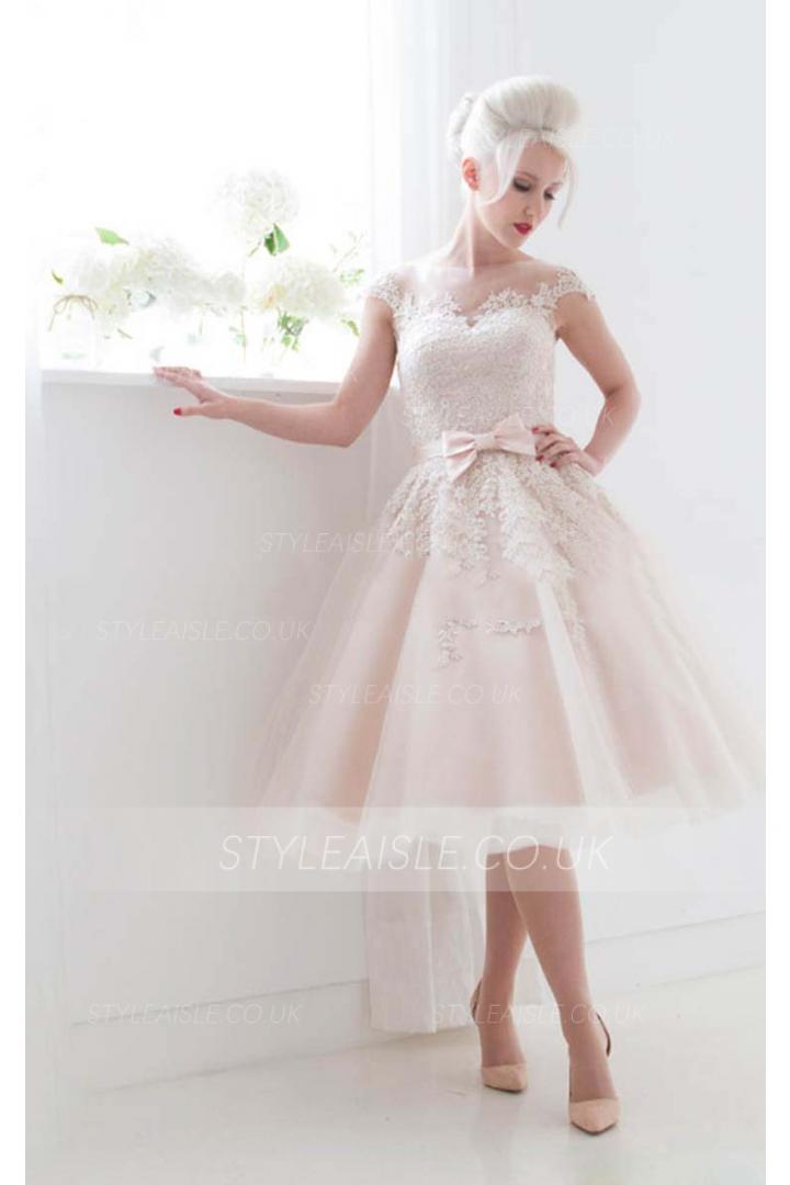 Charming Illusion Neck Cap Sleeved Ball Gown Blush Pink Tulle Wedding Dress