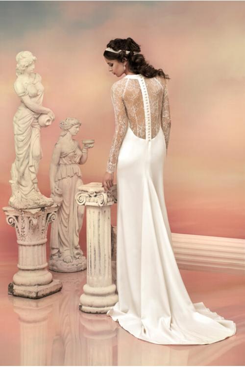 Vinatge Lace Pattern Long Sleeved Sheath Satin Wedding Dress 