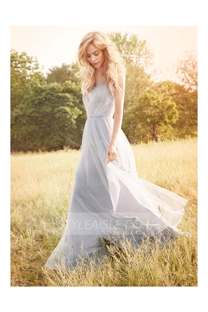 Illusion Shoulder Lace Bodice Long Tulle Bridesmaid Dress 