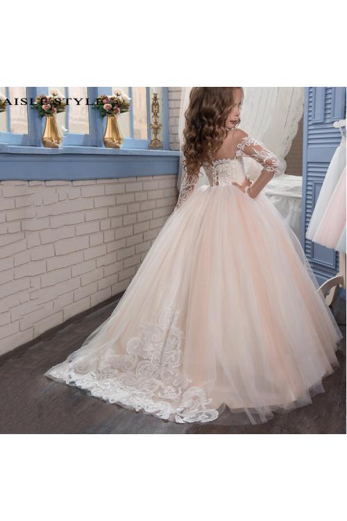 Lovely Blush Boho Inspired Lace Overlay Long Sleeved Off Shoulder Ball Gown Flower Girl Pageant Dress