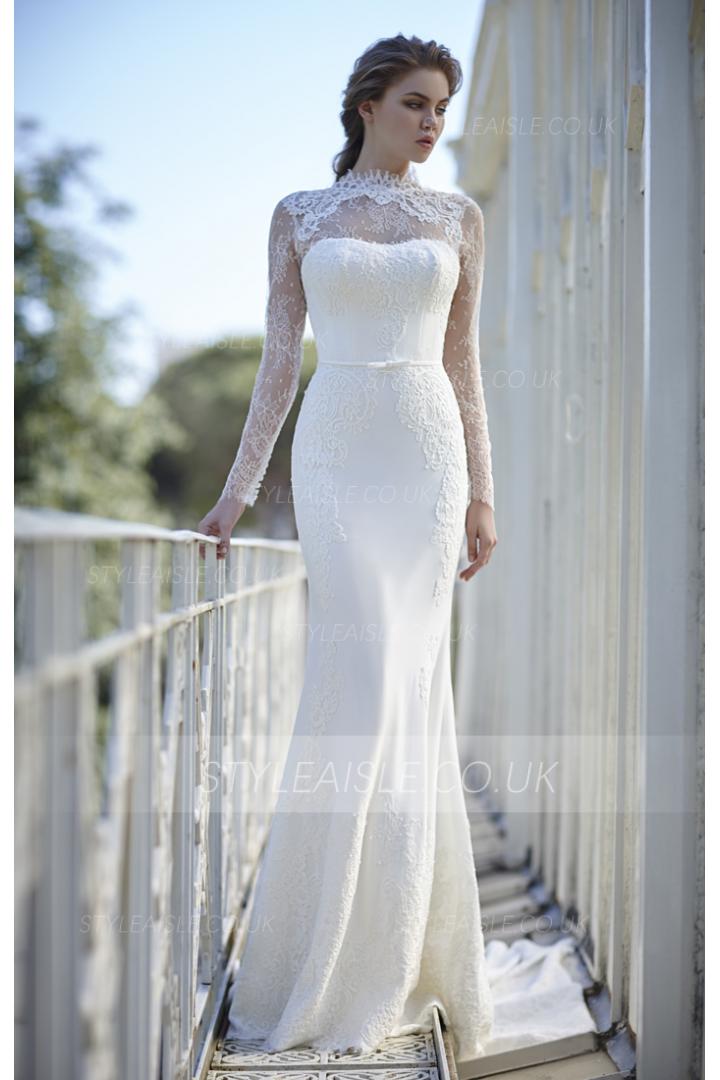 Ivory High Neck Long Sleeves Sheath Lace Wedding Dress with Ribbon 