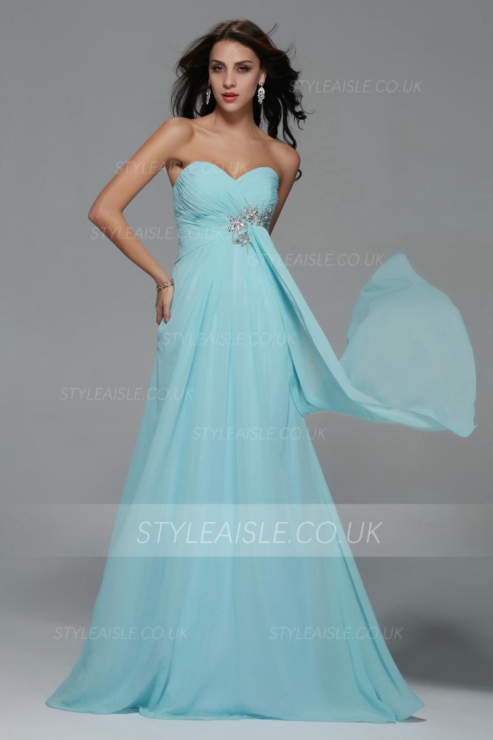 Empire Strapless A-line Long Light Sky Blue Chiffon Prom Dress with Beading 