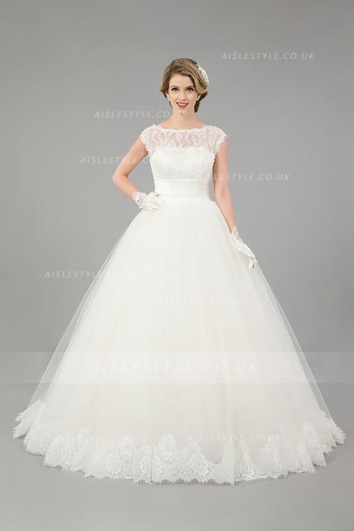 Ball Gown Cap Sleeves Lace Top Ivory Tulle Wedding Dress