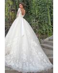 Illusion Off Shoulder Lace Bodice Ball Gown 3/4 Sleeves Sweep Train Wedding Dress with Sash 