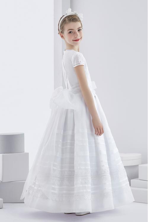 Short Sleeve Lace Ball GownLong White Organza Wedding Dress with Bow 
