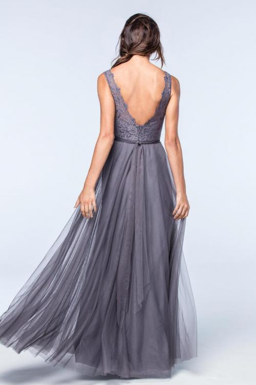  A-line V-neck Sleeveless Lace Top Floor-length Long Tulle Bridesmaid Dressess