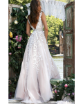 Fancy Sleeveless V Neck Ivory Lace overlay Nude Tulle Long Coast Prom Dress wityh Crystal Ribbon 