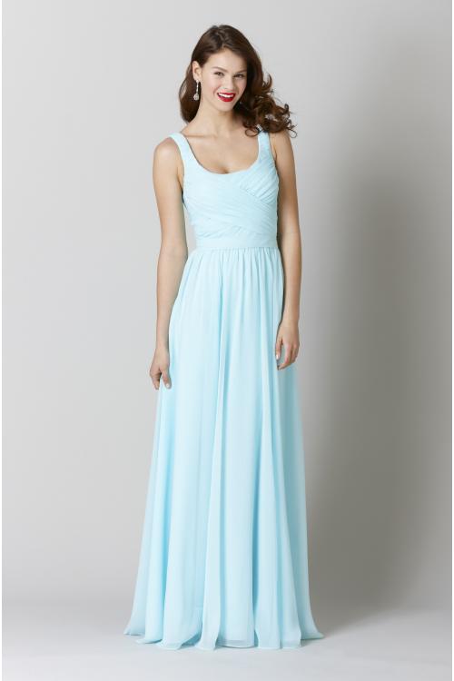 Shoulder Straps Pleated A-line Long Light Blue Chiffon Bridesmaid Dress 