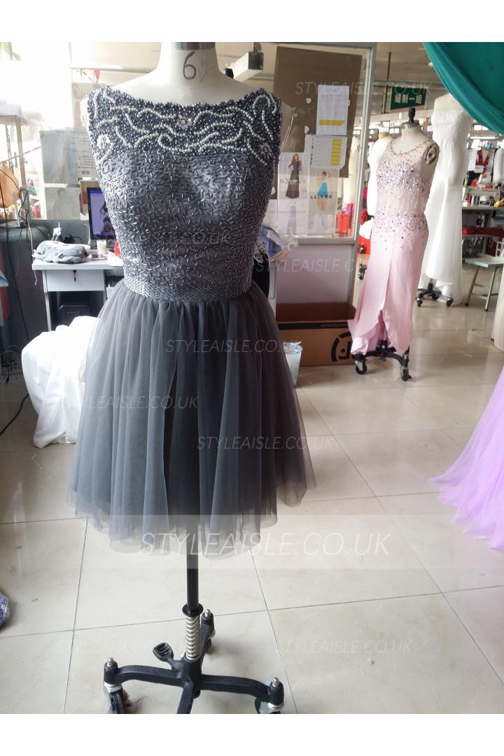 Grey Sequin Beading Short Tulle Prom Dress 