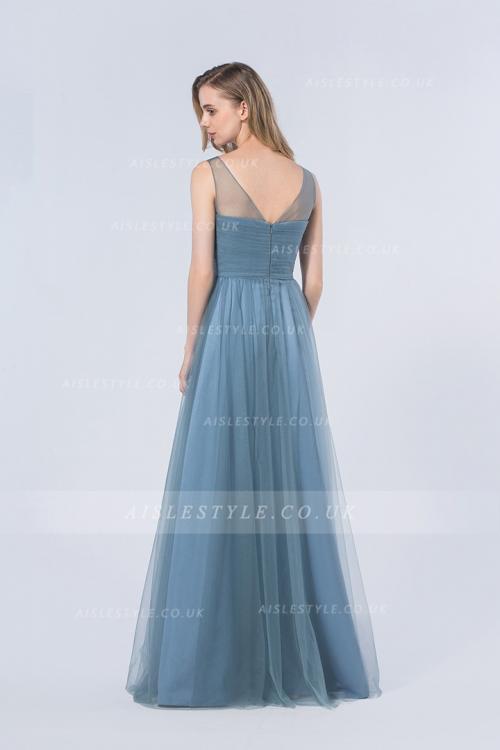 Popular Illusion Neck Sleeveless A-line Ink BlueTulle Bridesmaid Dress 