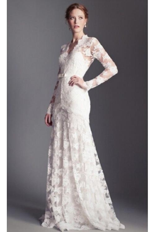 Long Sleeve V Neck Lace Patterns A-line Wedding Dress 