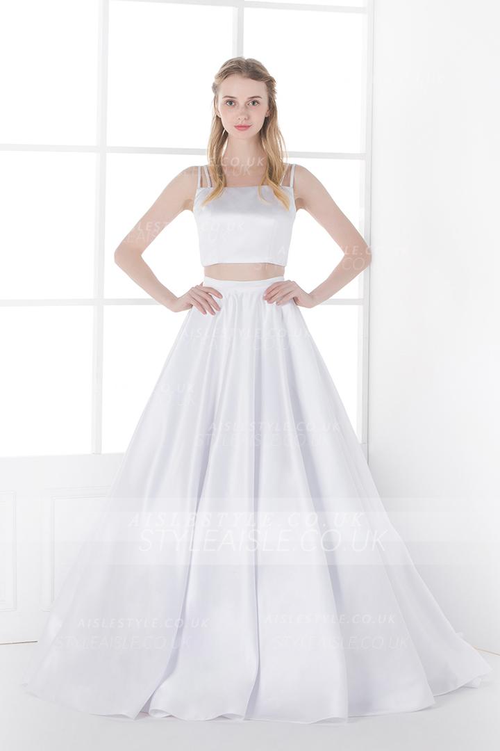 Modern Two Piece A-line Spaghetti Straps A-line White Satin Simple Wedding Dress