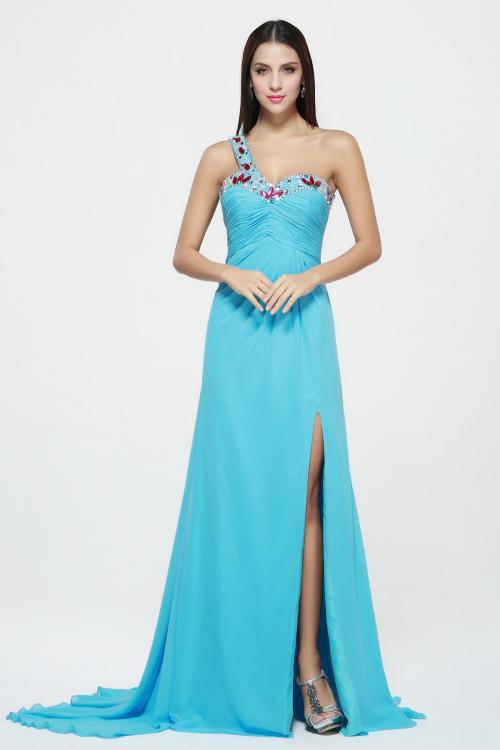 Sleeveless One Shoulder Split Long Blue Chiffon Simple Junior Prom Dress 