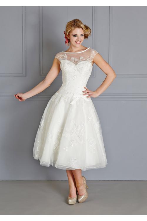 Lace Embroidered Bateau Illusion Neck Cap Sleeve Ball Gown Organza Wedding Dress 