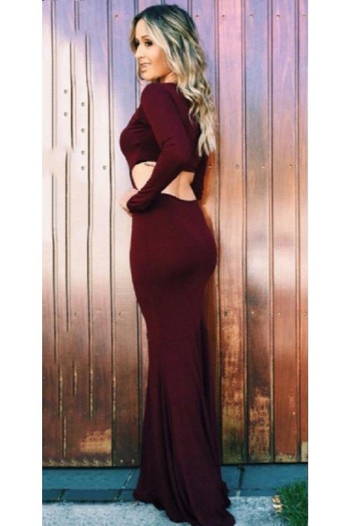 Chic Long Sleeve Side Cut Out Long Chocolate Jersey Prom Dress 