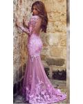 Delicate Lace Appliqued Long Sleeved Mermaid Tulle Lace Covered Long Prom Dress 