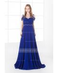 Off the Shoulder Beading A-line Royal Blue Chiffon Prom Dress with Belt