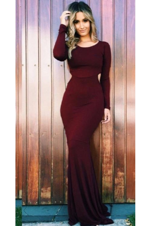 Chic Long Sleeve Side Cut Out Long Chocolate Jersey Prom Dress 