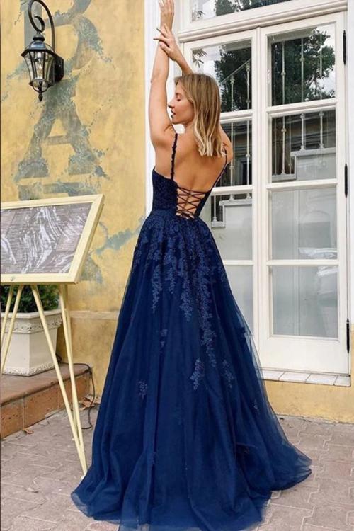 Spaghetti Straps Sleeveless Lace Appliques Floor length Long Tulle Prom Dresses