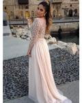 Sparkle Beaded Bodice Long Sleeved Column Chiffon Prom Dress 