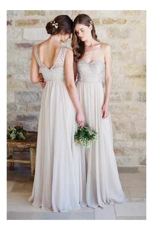 Gorgeous Sleeveless Bateau Neck Lace Bodice Long Chiffon Bridesmaid Dress 