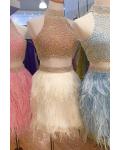 Two Piece Beading Halter Neck White Tulle Prom Dress 