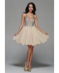 Knee Length Beading V Neck Champagne Chiffon A-line Prom Dress 