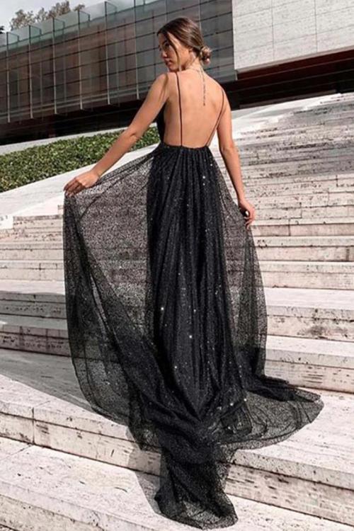  Shiny A-line Deep V-neck Sleeveless Sequins Floor-length Long Prom Dress