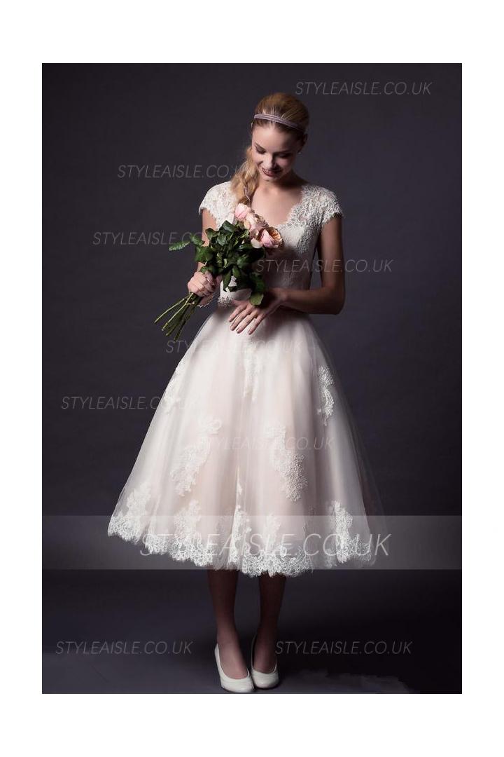 Tea Length V Neck Cap Sleeved Lace over Tulle Wedding Dress 