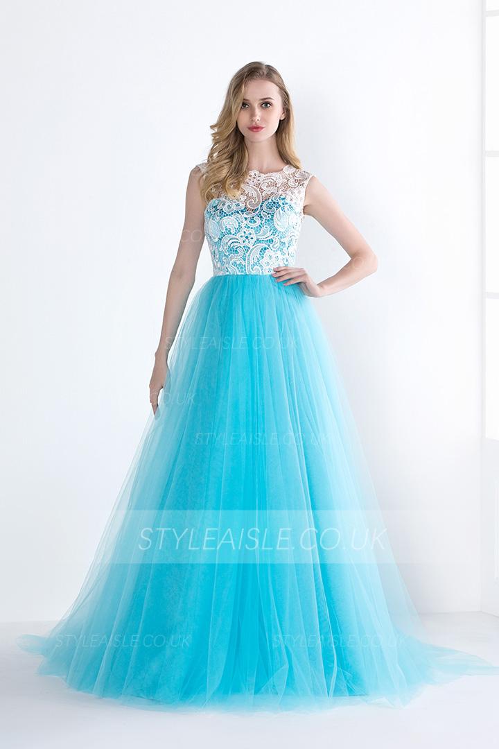 Elegant Lace Bodice Illusion Neck Long Ice Blue Tulle Prom Dress 