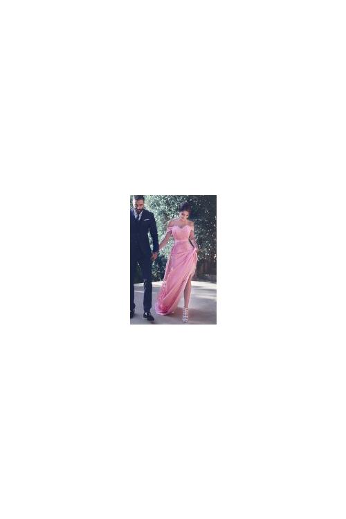 Vinatge Off Shoulder Lace Appliques A-line Pink Chiffon Prom Dress
