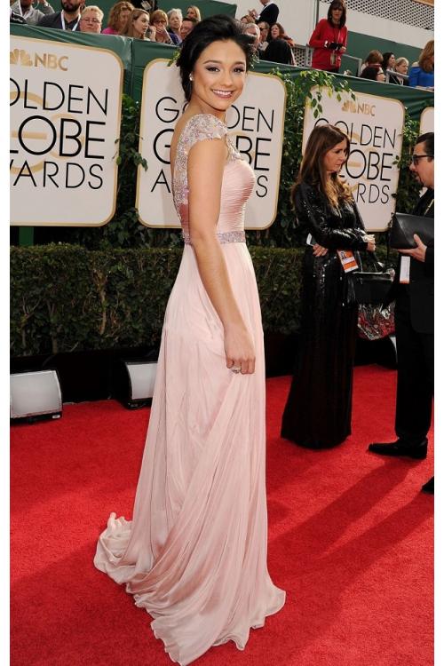 Rachel Smith 71st Golden Globe Awards A-line Bateau Cap Sleeve Beading Long Blush Chiffon Prom Dress