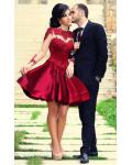 A-line Jewel Neck Stretch Satin Short/Mini Long Sleeved Ruby Red Prom Dresses 
