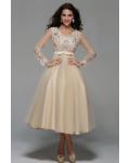 Long Sleeve Lace Tea Length A-line Champagne Tulle Short Prom Dress with Ribbon 
