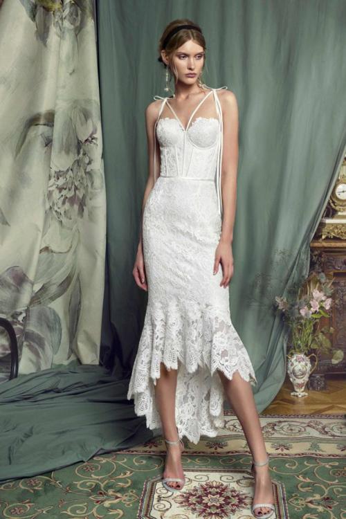  Trumpet/Mermaid Spaghetti Straps Sleeveless Lace Asymmetrical/High Low Short Prom Dress