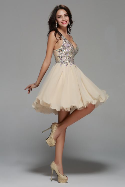 Knee Length Beading V Neck Champagne Chiffon A-line Prom Dress 