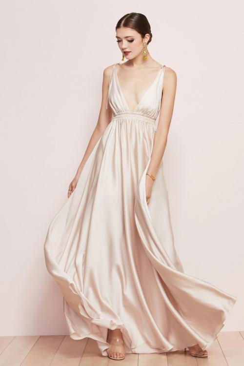  A-line Deep V-neck Sleeveless Ruching Empire Waist Floor-length Long Charmeuse Prom Dresses