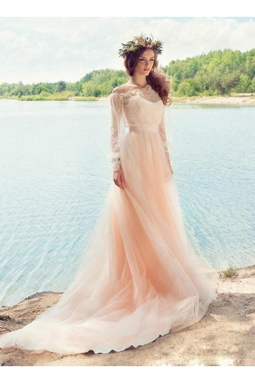 Vintage Long Sleeve Lace Bodice Blush Tulle Beach Wedding Dress