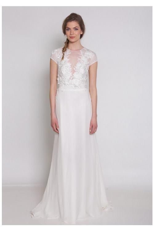 Modern Cap Sleeved Illusion Neck Lace Appliqued A-line Chiffon Wedding Dress 