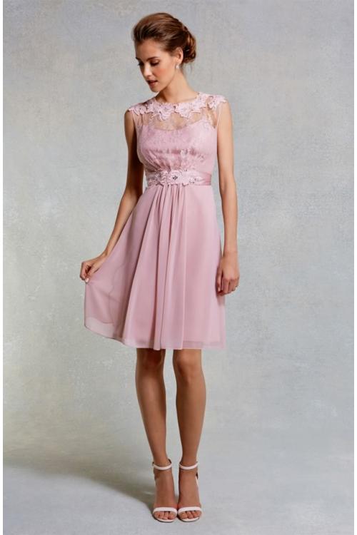 Vintage Jewel Neck Lace Appliqued Knee Length Chifffon Bridesmaid Dress 